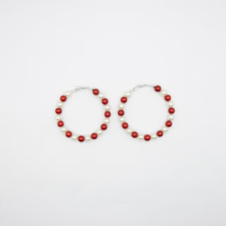 Red & White Pearl Hoop Earrings