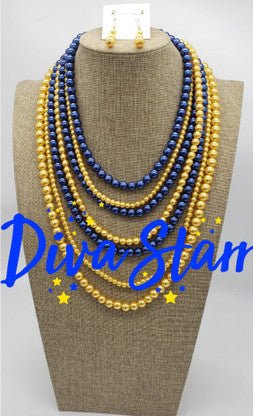 Blue & Gold Long Pearl Necklace Set - Diva Starr Boutique