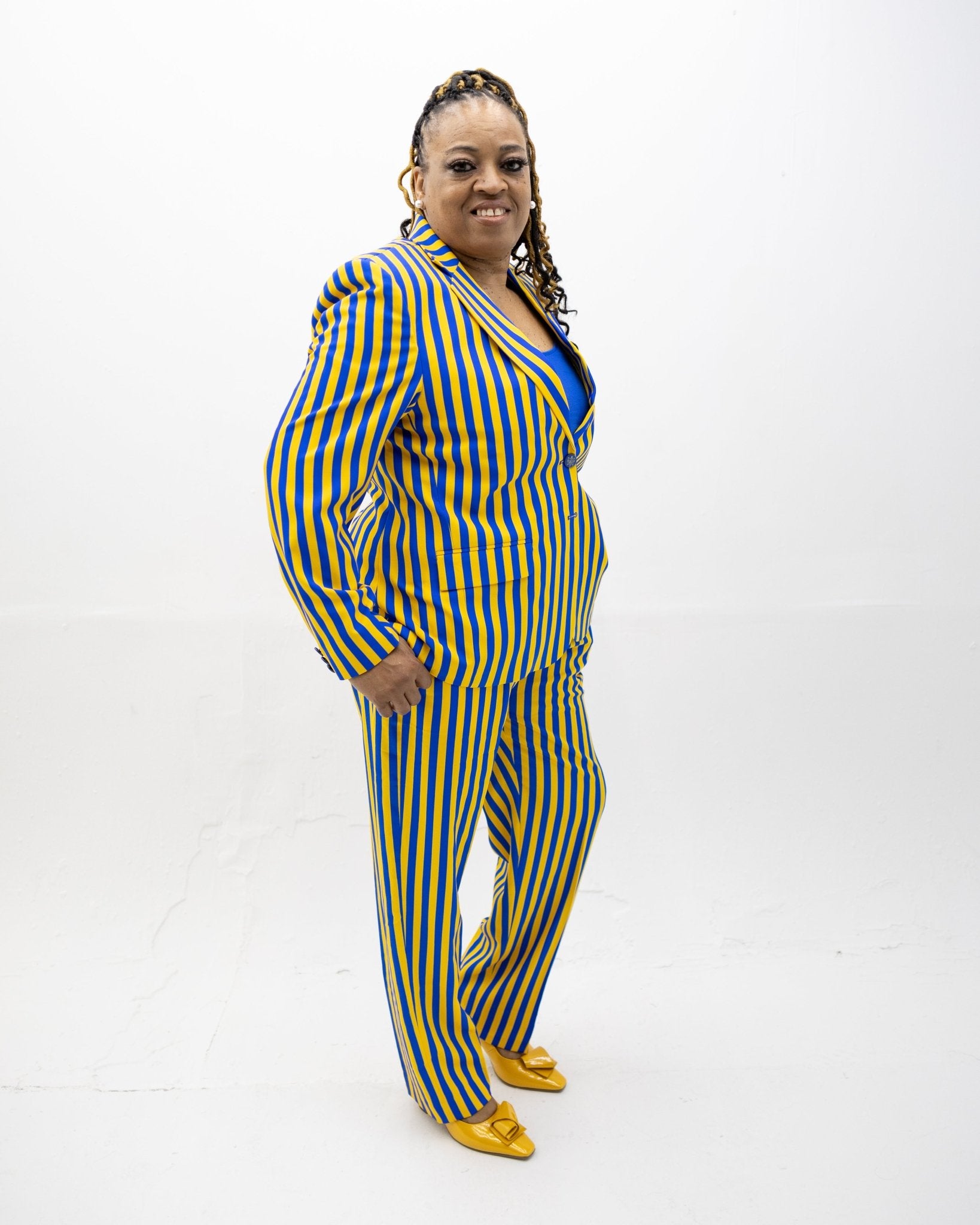 Blue & Gold Pinstripe PantSuit Pre - Order (Ship March 28, 2026) - Diva Starr Boutique