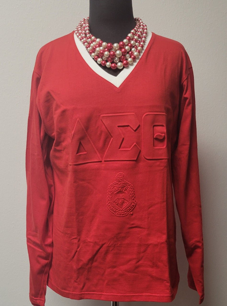 Delta Sigma Theta V - Neck Embossed Shield Long sleeve T - Shirt - Diva Starr Boutique