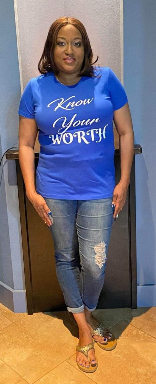 Know Your Worth Blue T - Shirt - Diva Starr Boutique