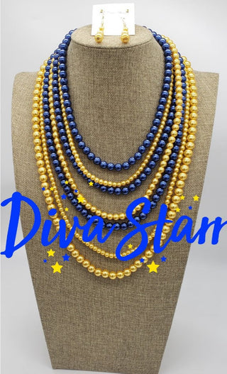 Blue & Gold Long Pearl Necklace Set Necklaces Diva Starr   
